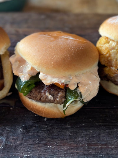 Roasted Poblano Pepper and Artichoke Heart Smash Burger